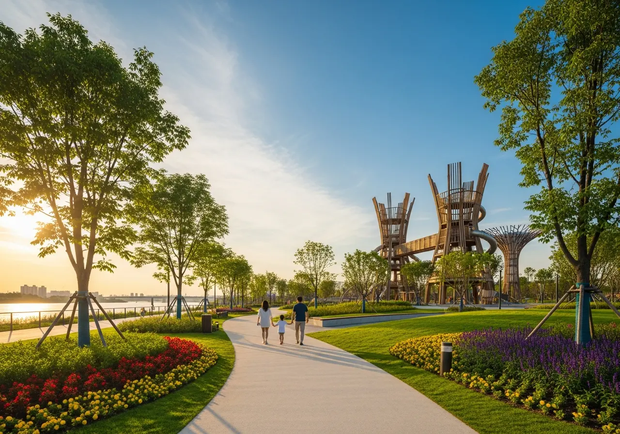 Family enjoying a sunny afternoon at Gathering Place in Tulsa