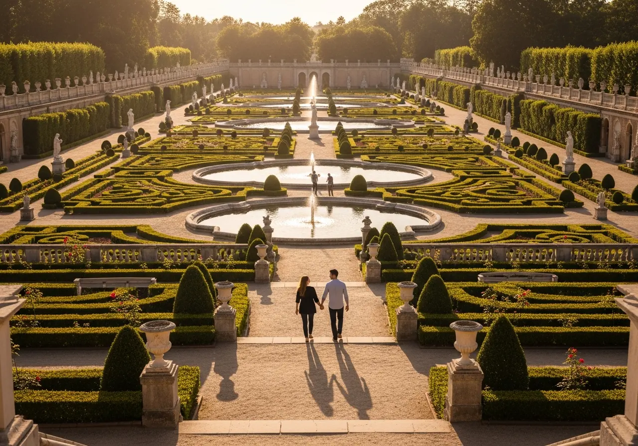 Couples walking through the formal gardens at Philbrook Museum