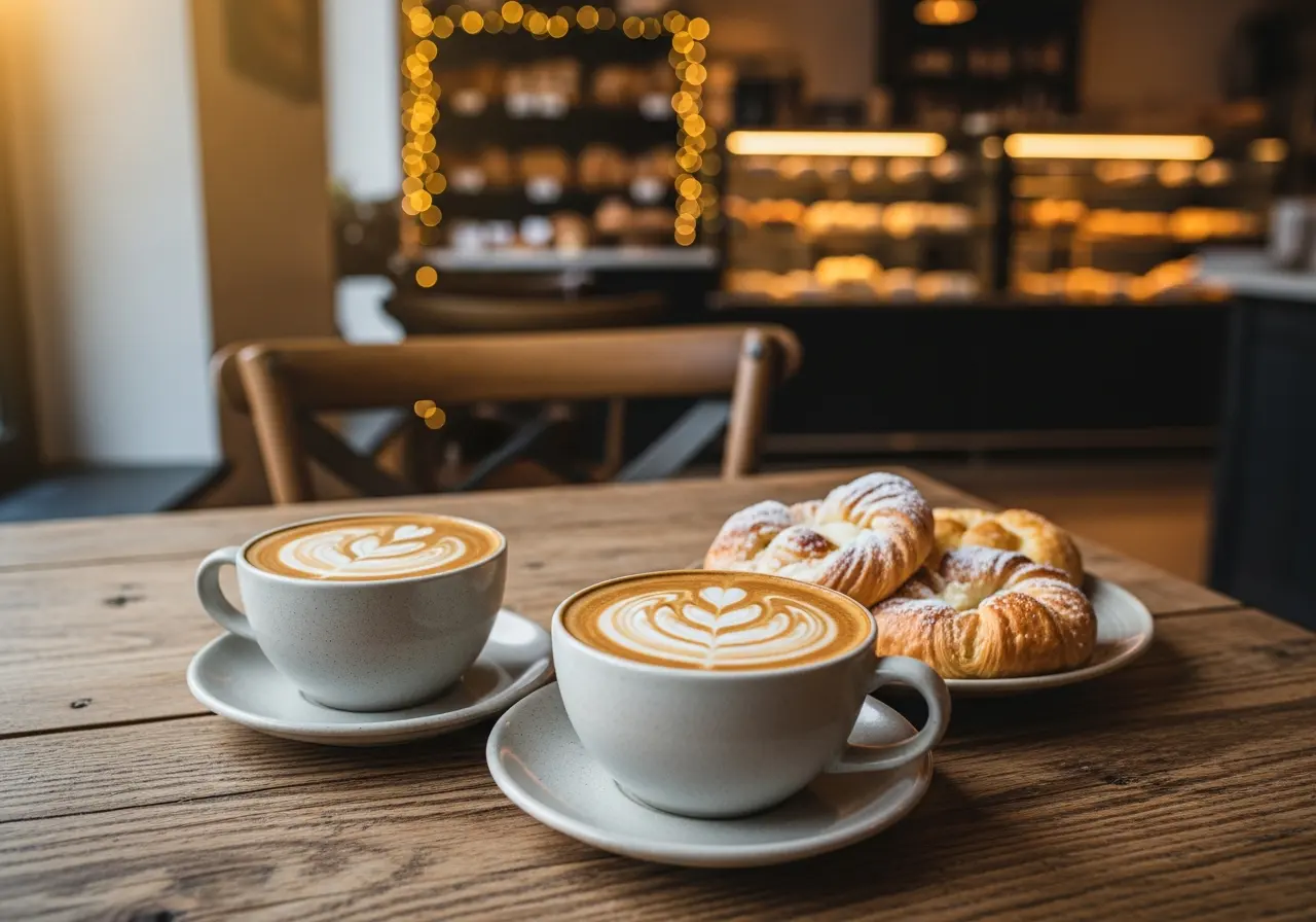 Fresh coffee and artisan pastries on a cafe table at Laurannae Baking Co