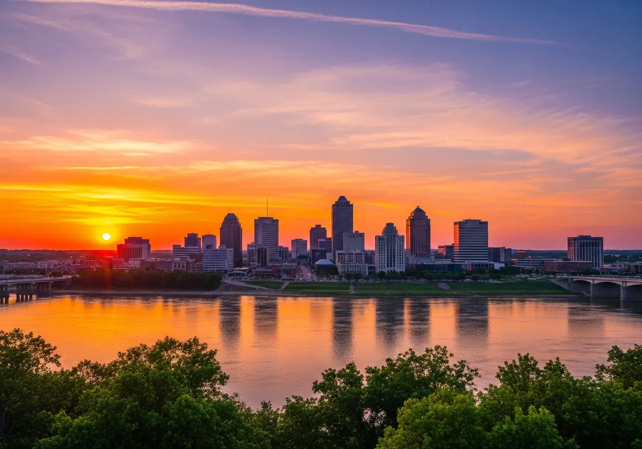 Tulsa skyline at sunset over the Arkansas River
