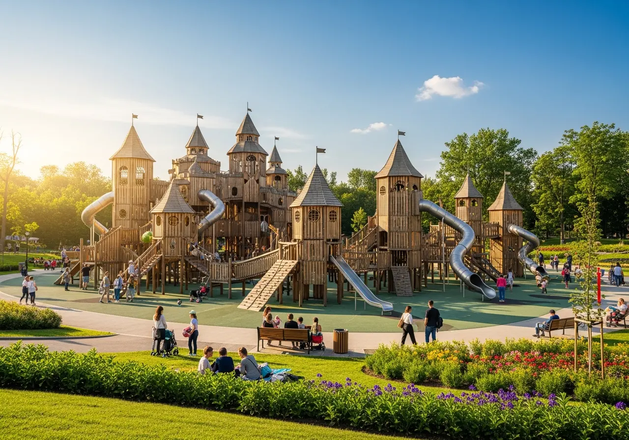 Families enjoying the incredible architecture at Gathering Place