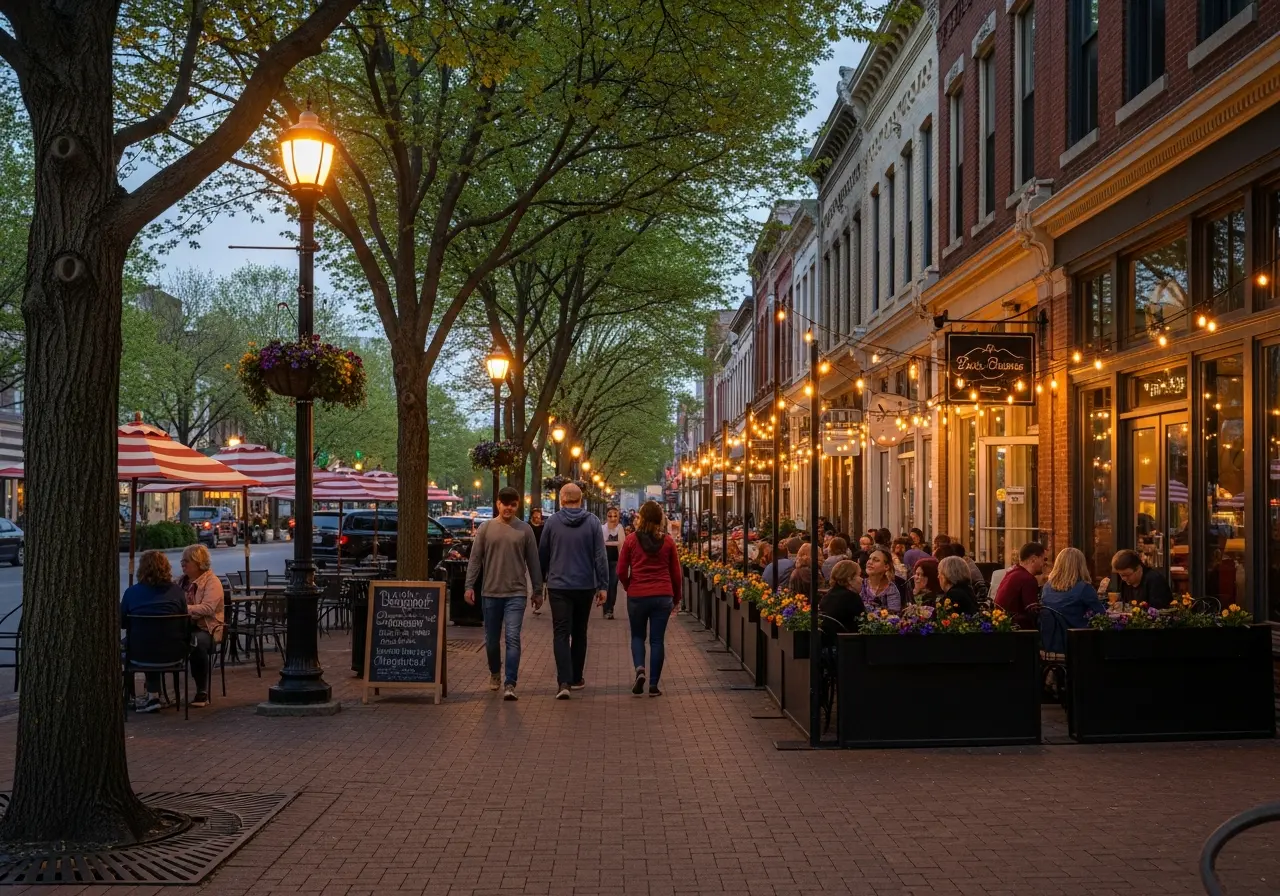 People walking and dining outdoors in the vibrant Rose District of Broken Arrow