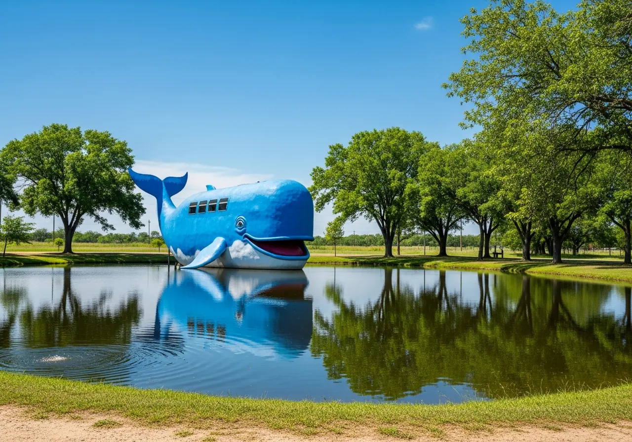 The iconic Blue Whale of Catoosa smiling over a pond on Route 66